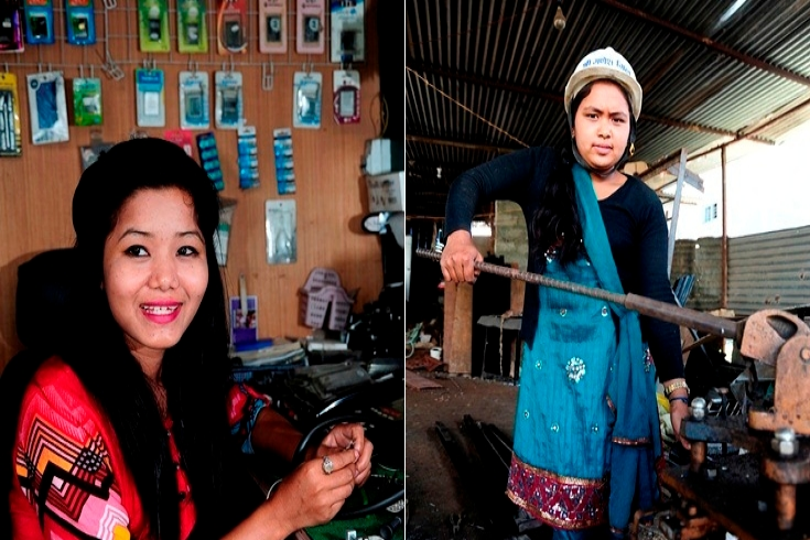 Ek Maya Rai (L) took a mobile phone repair training last year. Babita Nepali (R) sections aluminum blocks to fashion door and window frames and received aluminum work training through the Adolescent Girls’Employment Initiative as well.